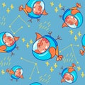 Seamless pattern with vector drawing of a yellow astronaut bird with in a helmet a crest on a blue background.